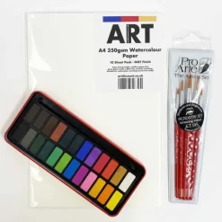Art Movement Watercolour Painting Class Bundle (A4 350gsm W/C Paper Pack 10, Pro Arte Academy Set of 5 & Red W/C Painting Tin of 24) - Little Painter Art | Exploring the Endless Possibilities of Art| Brush
