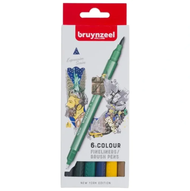 Bruynzeel Fineliner & Brush Pen Set 6pk - New York - Little Painter Art | Exploring the Endless Possibilities of Art| Brush