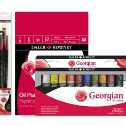 Daler-Rowney Georgian Oil Colour Bundle - Set of 10 x 22ml Tubes + A4 Pad + Brushes - Little Painter Art | Exploring the Endless Possibilities of Art| Canvas