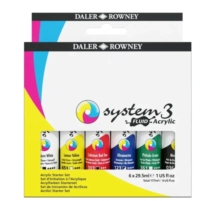 Daler-Rowney System3 Fluid Acrylic Starter Set - 6 x 29.5ml Tubes - Little Painter Art | Exploring the Endless Possibilities of Art| Canvas