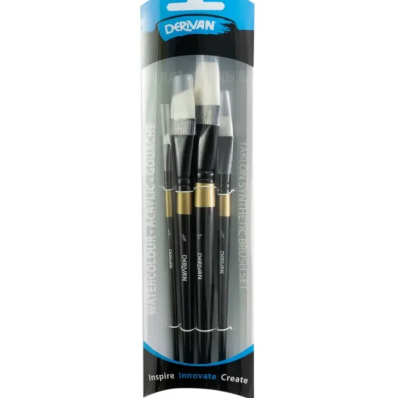 Derivan Professional Short Handle Synthetic Taklon Brush Set of 4 - Little Painter Art | Exploring the Endless Possibilities of Art| Brush