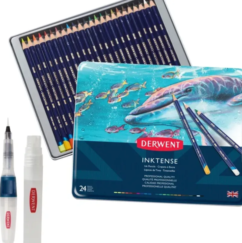 Derwent Inktense Pencils - Set of 24 + FREE Waterbrush and Spritzer - Little Painter Art | Exploring the Endless Possibilities of Art| Canvas